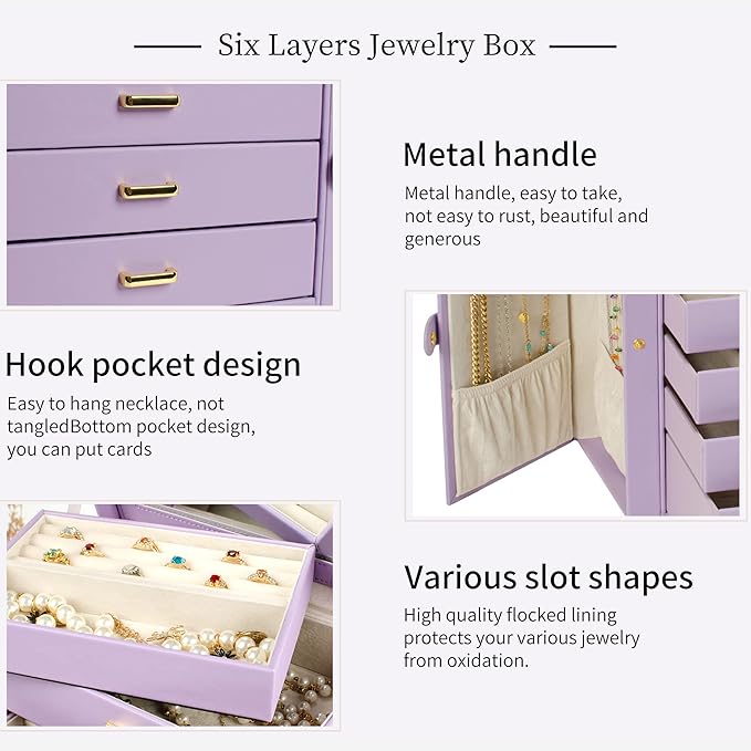 AKOZLIN Large Jewelry Box Organizer Functional with Big Mirror, Leather Jewelry Storage Case for Women Girls Ring Necklace Earring Bracelet Holder Organizer Violet