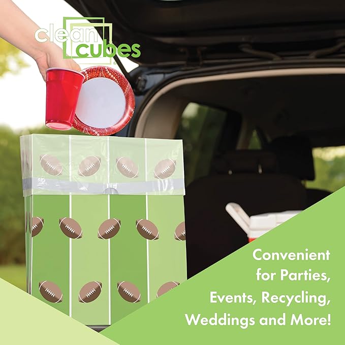 Clean Cubes 13 Gallon Disposable Pop-Up Trash Cans (3-Pack) with Fitted Bags – Foldable Garbage & Recycling Bins for Parties, Events & Kitchen (Tailgating, 17" H x 13.5" W x 10" D)