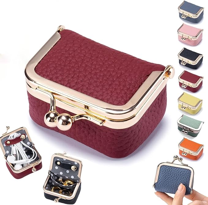 Leather Mini Jewelry Box, Portable Vintage Leather Coin Purse Jewelry Box with kiss Lock, Mini Travel Ring Box for Earrings/Rings/Necklaces/Bracelets