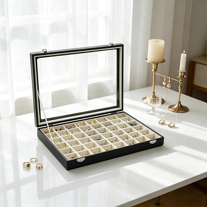 Stratalife Jewelry Organizer 48 Grid Jewelry Tray with Clear Lid Dust-proof Velvet Earring Organizer Necklace Rings Holder Display Drawer Storage Case for Women Beige Black