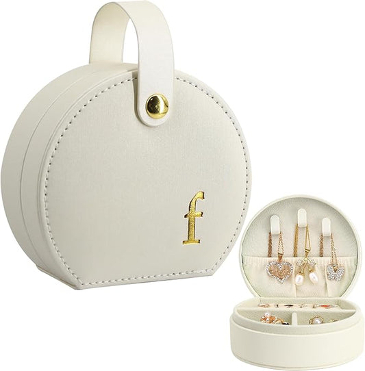 COLLECTIVE HOME - Travel Jewelry Case, Elegant Half-Moon Design with Gold Monogram, Detachable Handle, Personalized Accessory Organizer, Gift for Fashion-Forward Women and Teens (f)