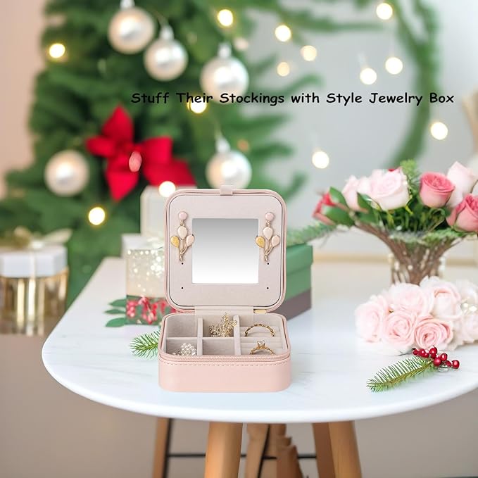 Vlando Small Travel Jewelry Box Organizer - Mirrored Jewelries Necklaces Rings Earrings Necklace Storage Case, Pink