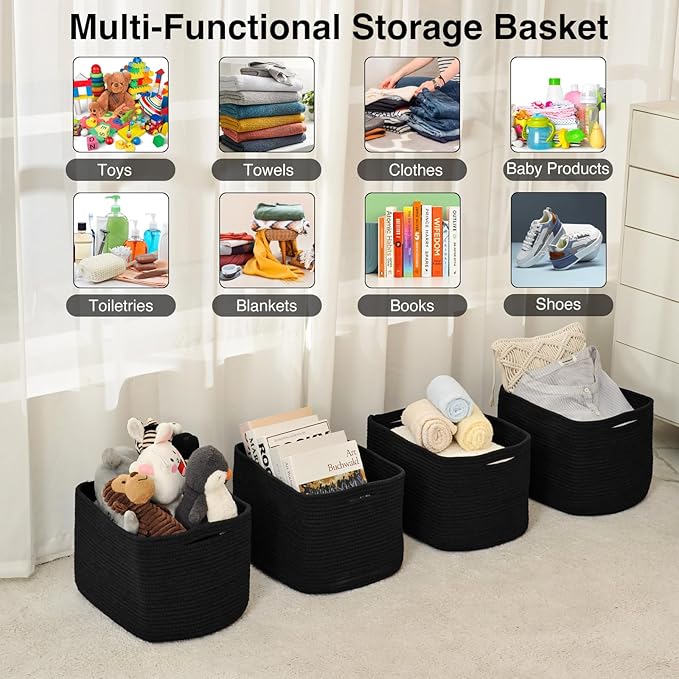 ICERZCZ Storage Baskets for Organizing & Shelves, Woven Cotton Rope Organization Bins for Dog Toys, Clothes, Books, Nursery Organizer, 15" Lx11''Wx9.5''H, (4 Packs) Black