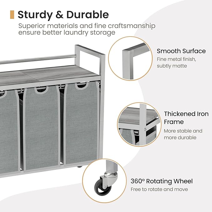 SwaaVee Laundry Hamper, Laundry Basket, Laundry Sorter with 3 Removable Bags, Clothes Basket with 3 Compartments, Wheels, Shelf for Laundry Room Bathroom Bedroom (3 Bags-Gray)