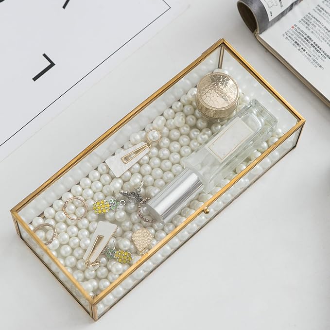Glass Jewelry Box, Vintage Rectangle Gold Keepsake Box Organizer Box Vanity Lidded Box Home Decor Accent Decorative Box for Storage Trinket Rings Bracelet