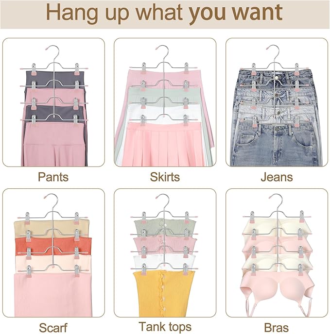 TOPIA HANGER 4 Tier Metal Skirt Hangers for Women, Pants Hanger Space Saving with Adjustable Clips, Gain 70% More Space, Non Slip Grip for Slacks, Trousers, Shorts, Jeans, Towels, Pink, 4-Pack, CT61P