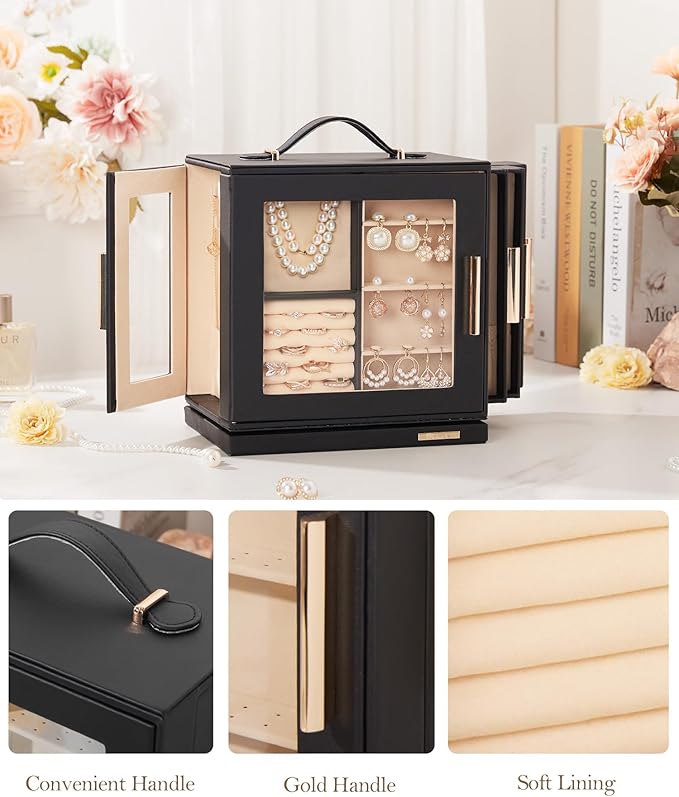 Homde Jewelry Box for Women Large: Rotating Organizer for Ring Earring Necklace Bracelet - 7 Drawers Storage for Dresser (Black)