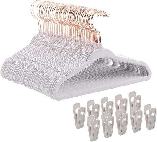 Tonswachic Baby Hangers Velvet - 11 Inch Kids Felt Hanger Non Slip Toddler Clothes - Childrens Hangers for Newborn Clothes - 50 Pack with 10 Hanger Finger Clips, White