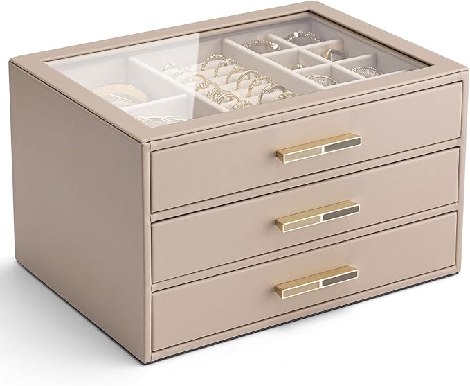 VLANDO 3 Layer Jewelry Box for Women, Mothers Day Gifts for Women, Glass Lid Jewelry Organizer with 3 Drawers for Necklaces Rings Earrings Bracelets - Toffee
