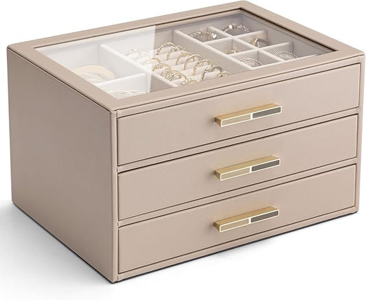 VLANDO 3 Layer Jewelry Box for Women, Mothers Day Gifts for Women, Glass Lid Jewelry Organizer with 3 Drawers for Necklaces Rings Earrings Bracelets - Toffee