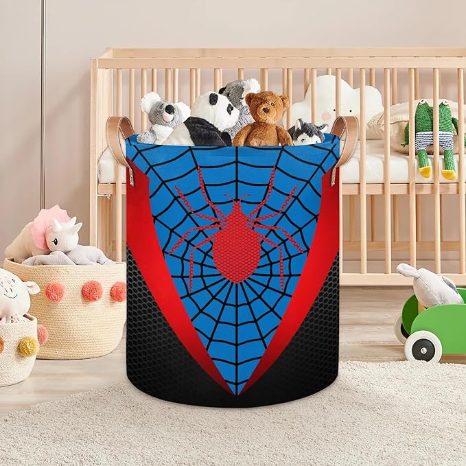Blue Spider Web Large Laundry Hamper Basket, Round Collapsible Storage Organizer Bin for Kids, Boys, Nursery, Closet, Bedroom, Playroom, Toys, Dirty Clothes, 16"W x 20"H