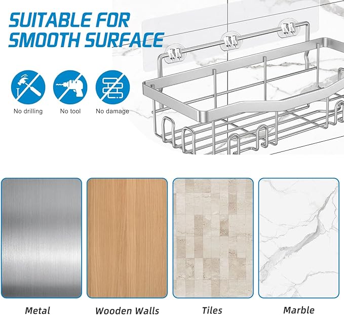 Youvip Adhesive Shower Caddy, No Drilling Bath Organizers 5 Pack, Rustproof Shelves with Soap Holder & Toothbrush Holder, Bathroom Organizers and Storage, Silver