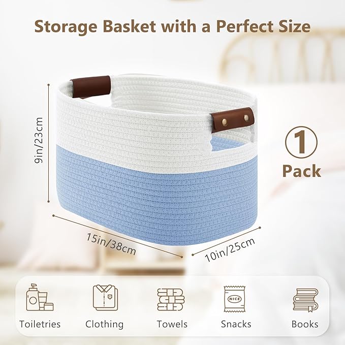 ECDYQXVU Cotton Rope Basket, Storage Baskets with Handle, 15x10x9 Inch Woven Basket for Shelves, Laundry, Towels, Clothes, Books (White/Blue 1Pack)