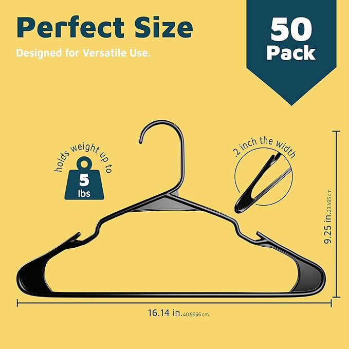 Lifemaster Plastic Clothes Hanger Set - 50 Pieces Versatile, Lightweight, Space-Saving, Non-Slip, Slim Designed, Dry and Wet Clothes Hanger Set - Black