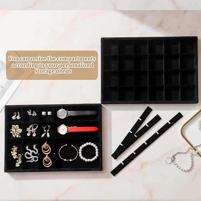 Large Velvet Jewelry Tray 2 Pack Stackable Jewelry Display Drawer Inserts Trays Organizer for Earring Bracelet Necklace Ring (Black, 24 Grids)