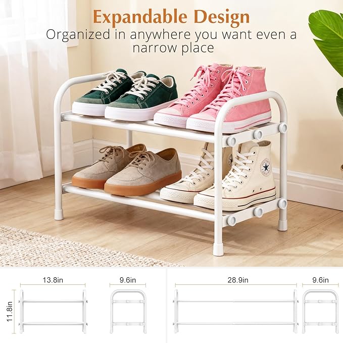 INSMART 2-Tier Expandable Shoe Rack:Stackable and Adjustable Shoes Organizer Storage Shelf, Sturdy and Durable Metal Structure Free Standing Shoe Rack for Closet Entryway Doorway, White