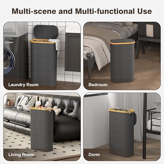 Bathola 75L Slim Laundry Hamper with Lid, Dirty Clothes Hampers for Laundry, Collapsible Laundry Baskets for Small Spaces, Bedroom, Bathroom, Laundry Room, Dark Grey