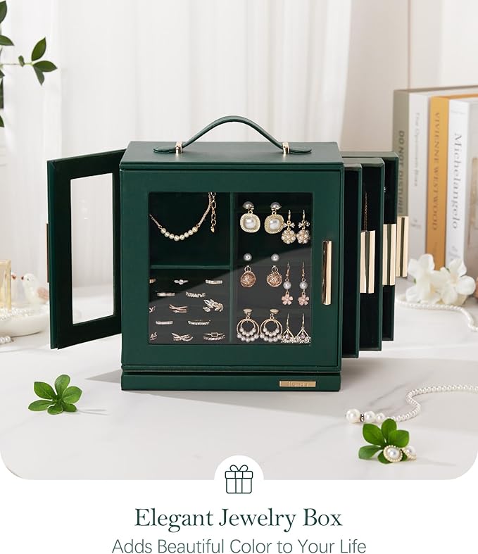 Homde Jewelry Box for Women Large: Rotating Organizer for Ring Earring Necklace Bracelet - 7 Drawers Storage for Dresser (Forest Green)