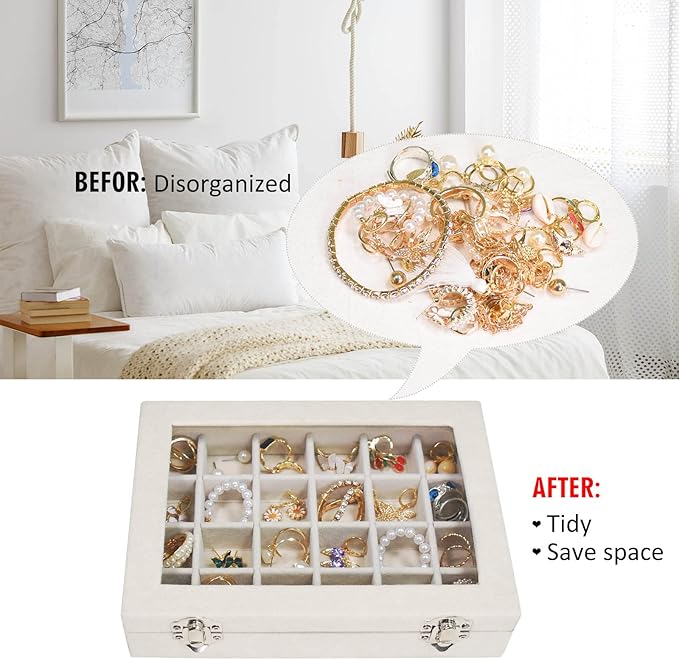 Vicoter Velvet Jewelry Box 24 Grid Jewelry Ring Display Organiser Box Tray Holder Earrings Storage Case for Girls Wife Mom Women (Beige)
