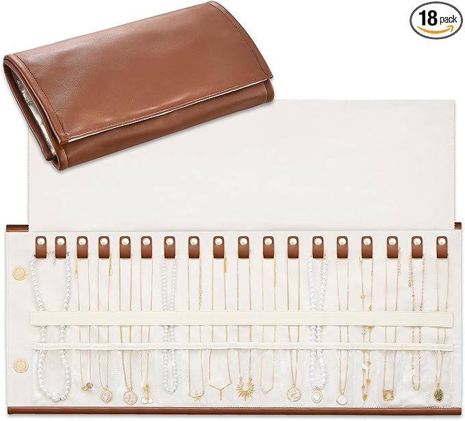 Lolalet Travel Necklace Organizer, Tangle-Free Necklace Case for Travel, Leather Foldable Roll Up Jewelry Storage Bag for Necklaces Chains Bracelets, Mothers Day Gift