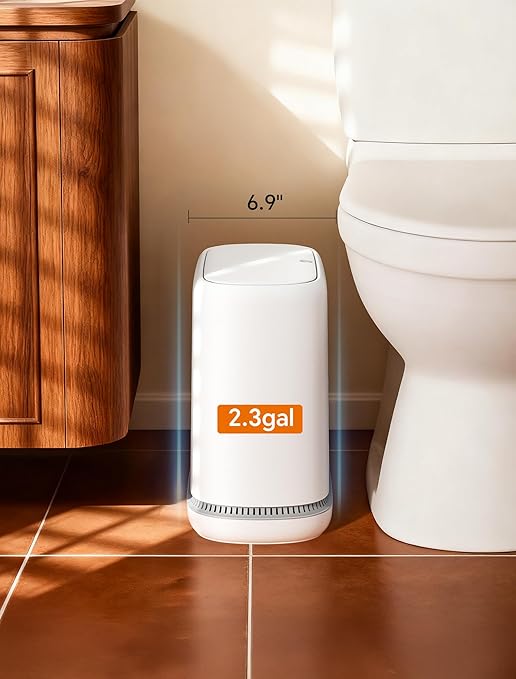 Bathroom Trash Can with Lid, Slim 2.3 Gallon Vacuum adsorption Garbage Bin, Narrow Press Top Waste Basket for Odor Control & Dog Proof for Bathroom Bedroom Office Home