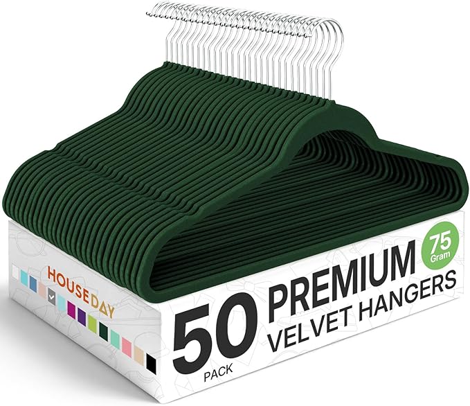 HOUSE DAY Premium Velvet Hangers 50 Pack, Non-Slip Flocked Felt Hangers, Sturdy Clothes Hanger with 360° Rotatable Hook, Heavy Duty Durable Slim Coat Hanger for Closet Space Saving(Emerald Green)