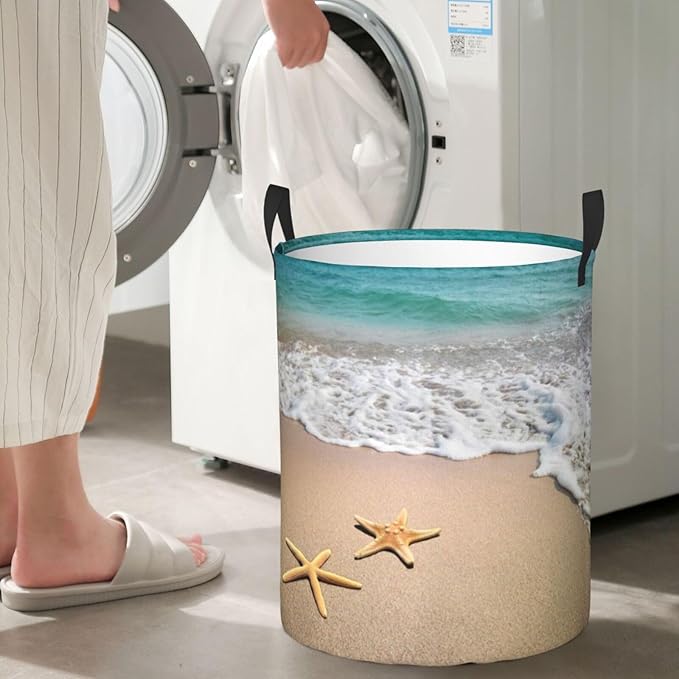 Laundry Basket Beach Starfish Room Decor,Round Laundry Hamper Waterproof Dirty Clothes Hamper Collapsible Laundry Baskets With Handles,Toy/Clothes Storage Beach Towel Basket For Dorm Bathroom Decor