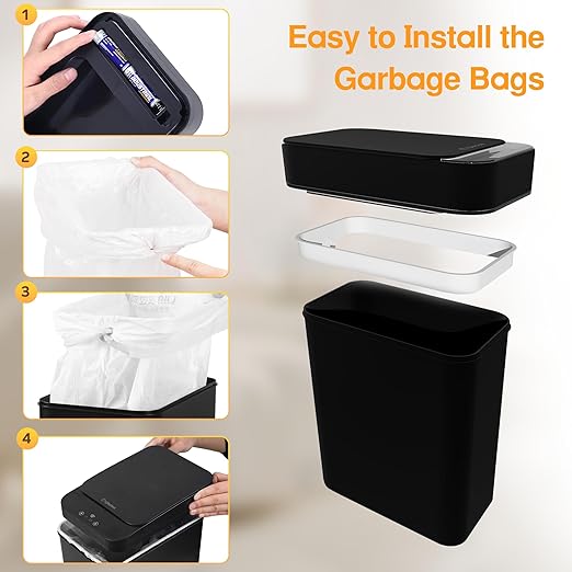 Black Bathroom Trash Can 2.6 Gallon Motion Sensor Trash Cans Automatic Touchless Garbage Bin Small Smart Trash Can for Bathroom,Kitchen, Toilet, Bedroom, RV