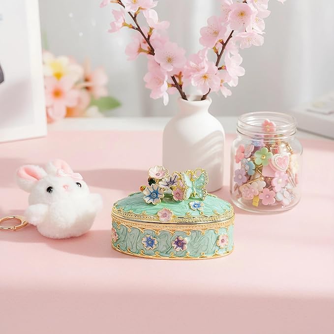 YU FENG Enamel Butterfly Trinket Box Jewelry Organizer, Decorative Hinged Keepsake Box – Green Floral Butterfly Box