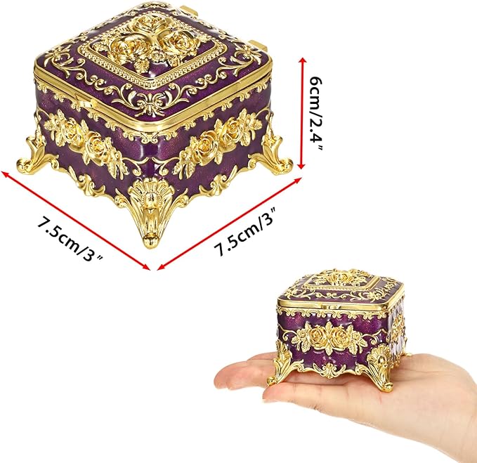 Hipiwe Vintage Jewelry Box Small Trinket Storage Organizer Box Gold Metal Chest Ring Case Treasure Chest Square Keepsake Boxes for Earrings Necklace Gift for Women,Purple