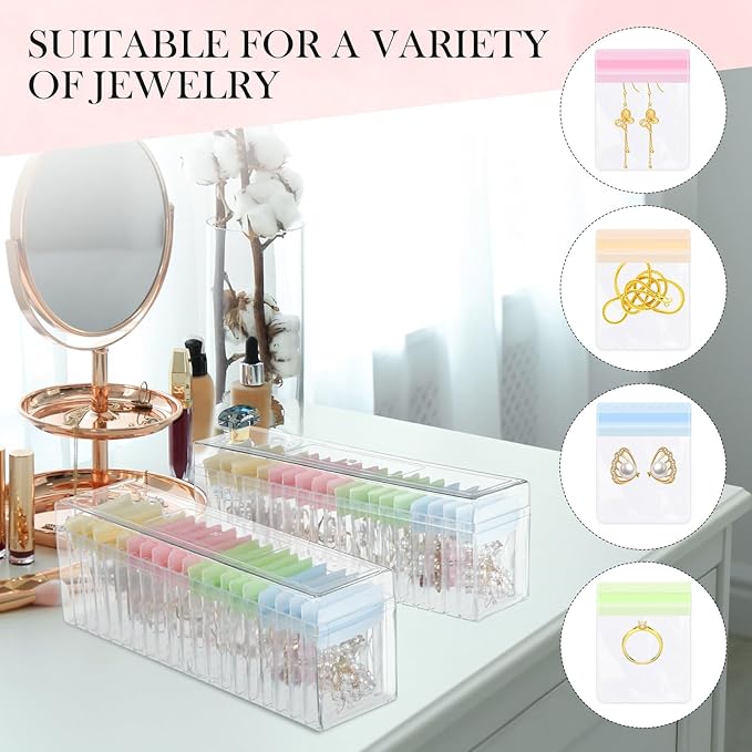 Kenning 63 Pcs Acrylic Jewelry Case Organizer, Clear Jewelry Organizers Holder with Portable Anti Tarnish Storage Bags for Rings, Earrings, Necklaces, Ideal Gifts for Women (Four Color Mixture)