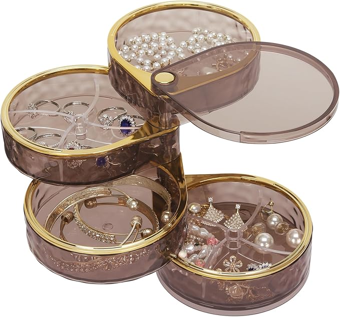 LETURE 4-Layers Rotatable Jewelry Organizer Storage Box, Clear Jewelry Holder Case for Ring Earring Necklaces Bracelets Makeup Hair Accessories