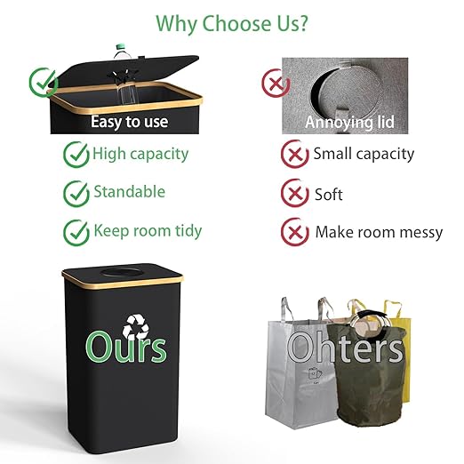 Recycling Bin Kitchen Indoor Home 40 Gallon 156L Recycle Bin with Lid 2 Removeable Reusable Inner Bag Bottle Can Glass Waste Plastice,Big Black