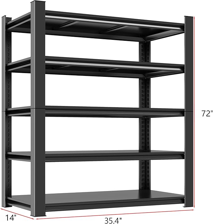 Metal Garage Shelving Unit, Heavy Duty 5-Tier Adjustable Storage Rack, Steel Shelving, 3020 lbs Capacity, Industrial Shelves for Heavy Tools and Equipment, Ideal for Garage, Basement, Black, 77"