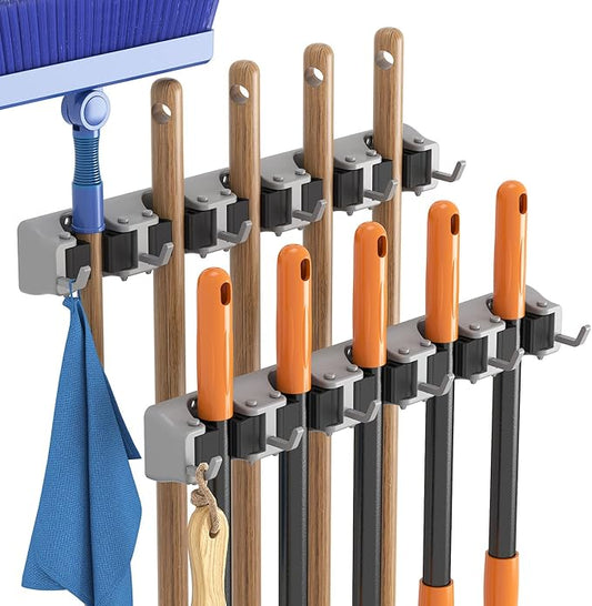 Lifewit Mop and Broom Holder Wall Mount, Anti-Slip Broom Hanger for Cleaning Supplies Organizer, Easy Install Tool Hanging Rack for Closet, Kitchen, Garage, 5 Slot 6 Hooks, Hold 30lbs, Gray, 2 Pack