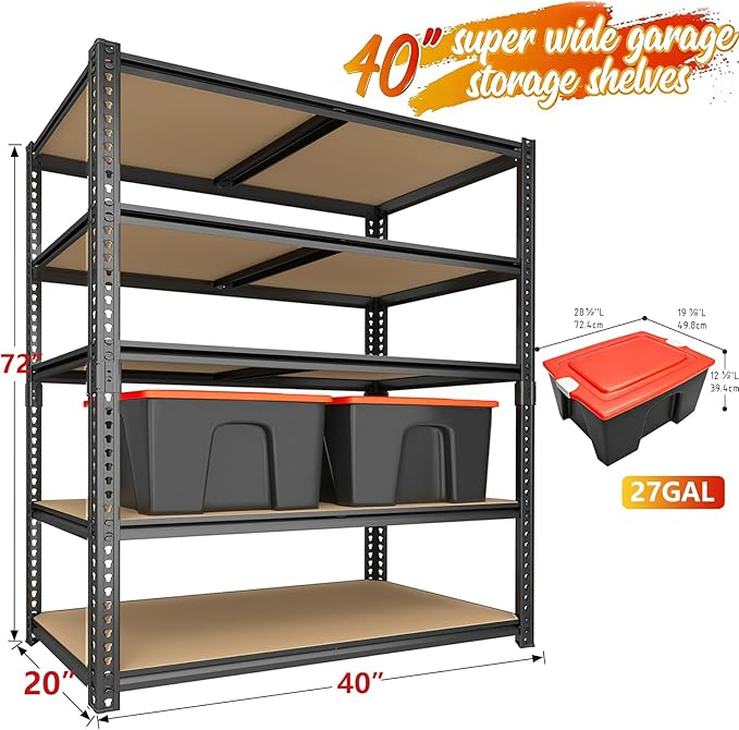 40W Garage Storage Shelves,Garage Shelves Heavy Duty,5 Tier Shelving Unit,2400LBS Capacity Heavy Duty Shelving for Garage Storage,Warehouse,72" H x40 W x20 D