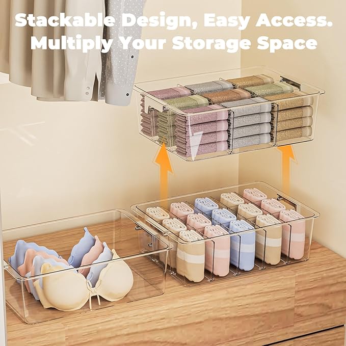 Socks Bra Underwear Drawer Organizer for Closet, 2 PCS Plastic Storage Box with 15 Removable Compartments and Lid, Clear Dresser Drawer Organizer Storage Container with Dividers for Sock Ties Belts