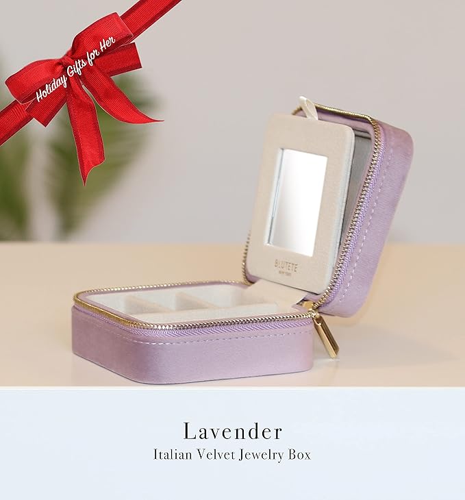 BLUTETE Travel Jewelry Box Organizer Velvet Travel Case With Mirror Rings Earrings Necklaces Storage Organizer Box (Lavender)