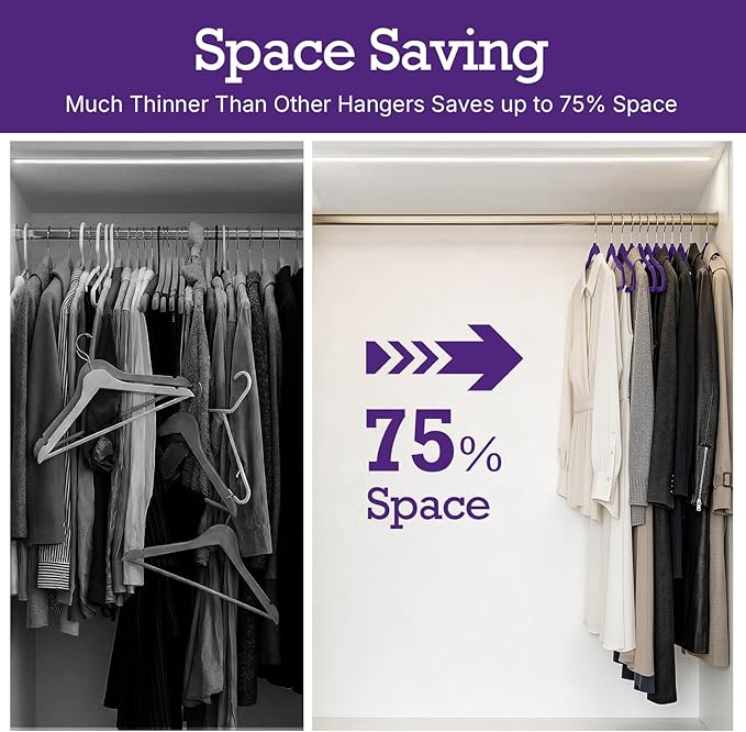 HOUSE DAY Noble-Purple Velvet Hangers 60 Pack, Non Slip Clothes Felt Hanger Heavy Duty for Coat, Premium Slim Space Saving Suit Hangers for Closet Organizer, 360° Rotating Silver Hook
