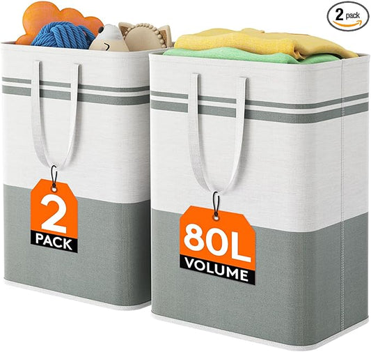 Lifewit 2 Pack 80L Large Freestanding Laundry Hamper, Collapsible Laundry Basket with Easy Carry Handles, Waterproof Tall Clothes Hamper for Laundry Dorm Bedroom Bathroom, Grey-White