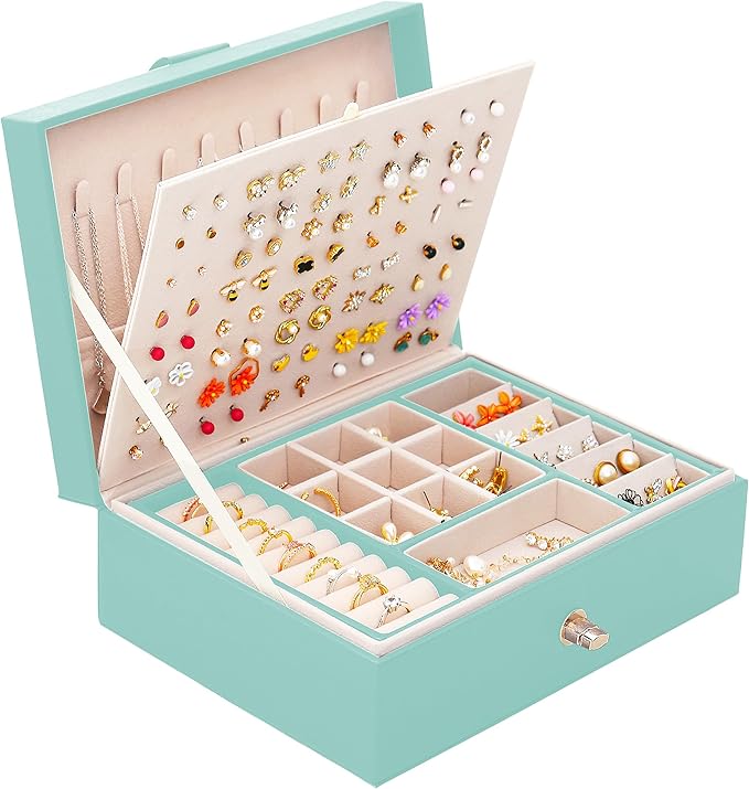 QBestry Girls Jewelry Box for Earrings Jewelry Organizer Box Teen Girls Earrings Organizer Jewelry Box Earring Holder Organizer Stud Earring Box for Girls Womens Jewelry Case Organizer Teal