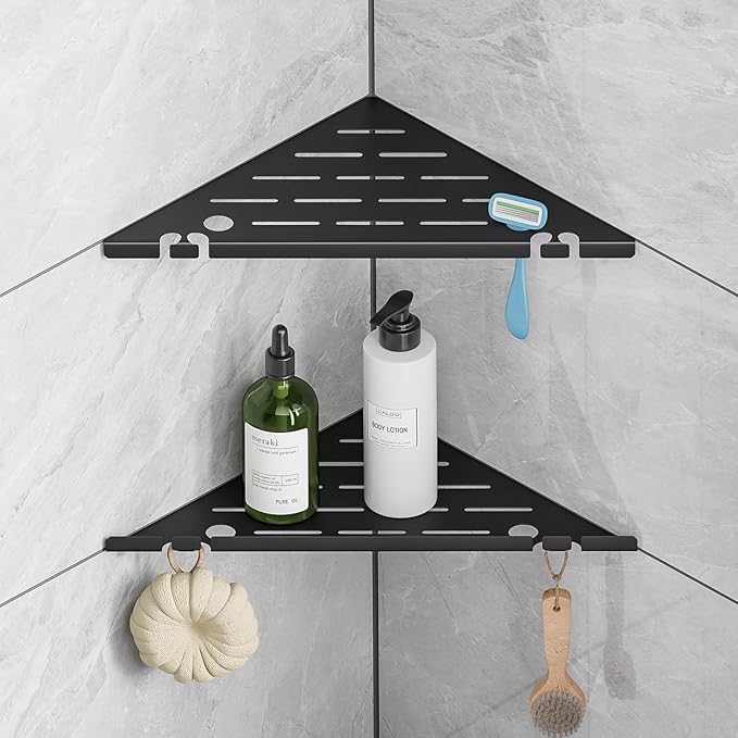 Permanent Tile-in Corner Shower Shelves with Hooks, Modern 304 Stainless Steel Shower Caddy for Bathroom Renovation & Hotel, Heavy Duty No-Drill Grout Mount Organizer for Tile Wall,10", 2 Pack