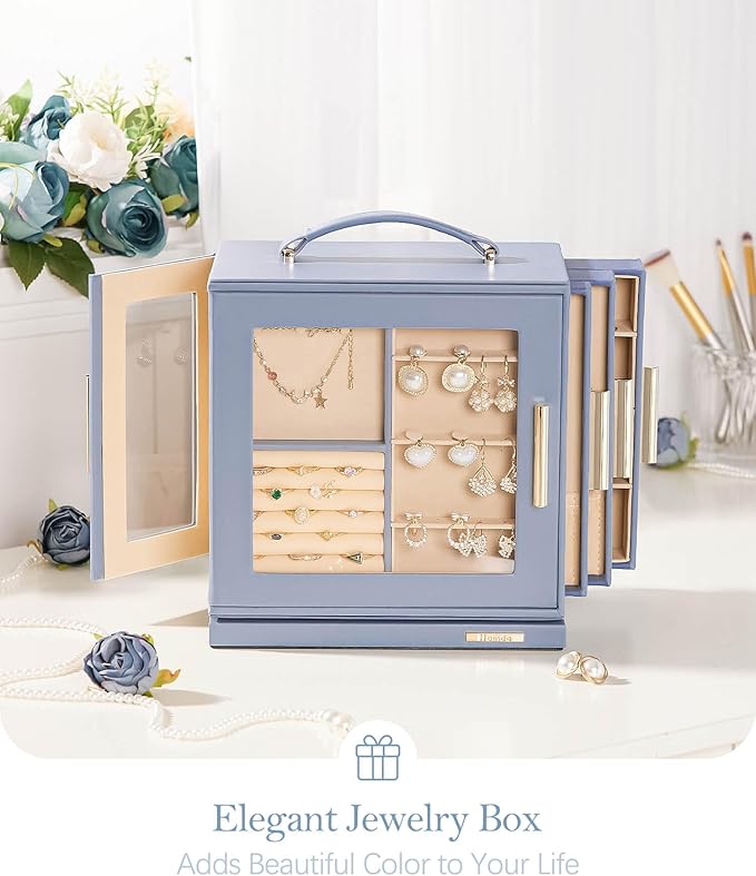 Homde Mothers Day Gifts Jewelry Box 360° Rotating, Necklace Earring Organizer with Transparent Window, Mirror, 7 Drawers, Large Ring Display Storage Case for Girls Women (Grey Blue)