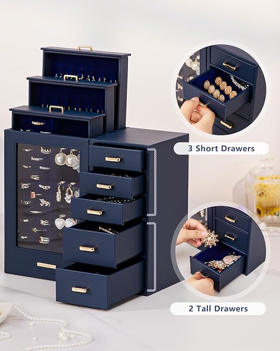 Homde Large Jewelry Box/Organizer/Case with Glass Window, Drawers for Necklaces Earrings Rings Bracelets Watches Gift for Women Girls
