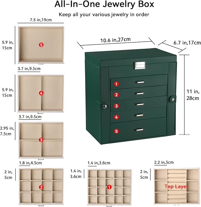 Frebeauty Large Jewelry Box,6-Tier PU Leather Jewelry Organizer,Multi-functional Storage Case with Mirror,Accessories Holder with 5 Drawers for Necklace Bracelets Watches(Blackish Green)