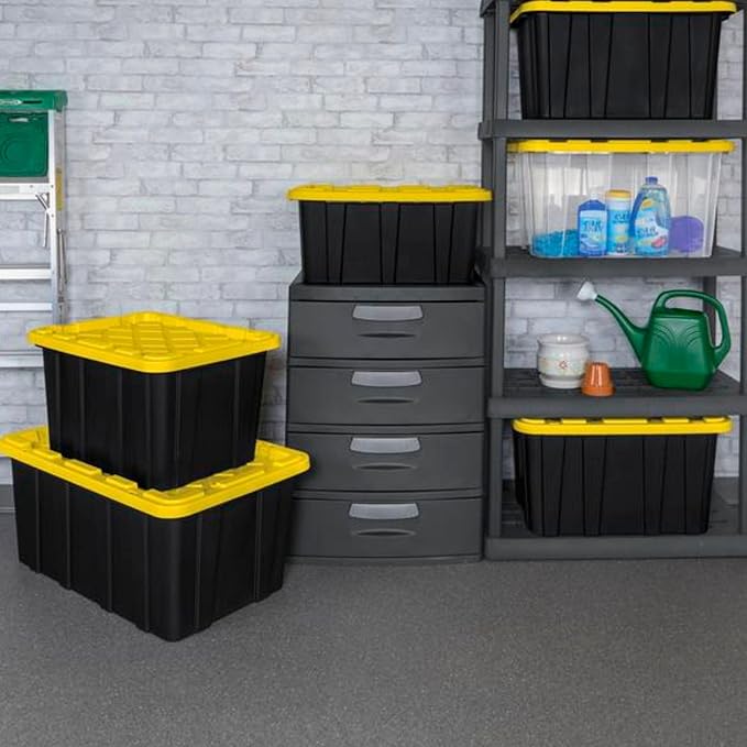 Sterilite 12 Pack Industrial Tote Organizers, Plastic Storage Container Bins with Lids, 27 Gallon - Heavy-Duty Organizing Containers for Closet, Bathroom, and Office