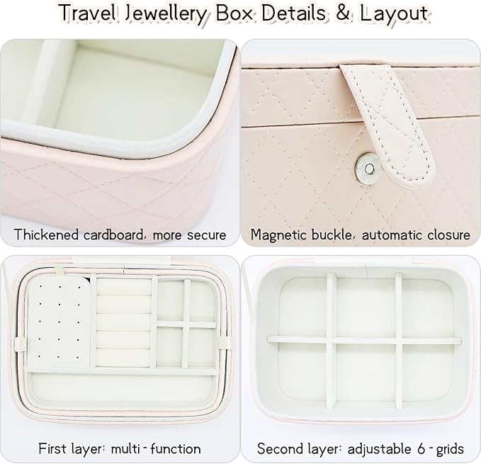 Jewelry Travel Case, 2-Layer Jewelry Box Organizer Medium Jewelry Travel Box, Portable Faux Leather Jewellery Storage Boxes with Argyle for Women, Daily Jewellery Case Home Use (Apricot beige)
