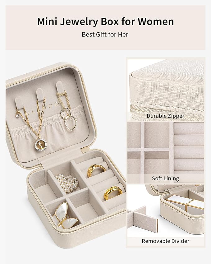 VLANDO Wedding Bridesmaid Gifts - Mothers Day Gifts - Small Jewelry Travel Organizer, Travel Jewelry Case for Ring, Earring, Necklace, Bracelet - Milky White