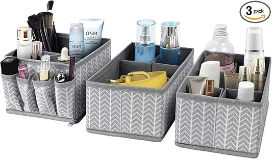 VERONLY Cosmetic Storage Bins Makeup Organizer, Adjustable Multifunction Storage Box Desk Drawer Divider for Makeup Brushes, Bathroom Countertop or Dresser, Set of 3 (Grey)