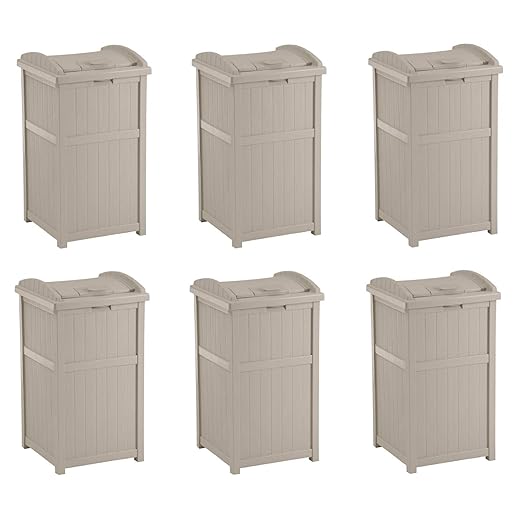 Suncast 6 Pack 15.75" x 16" x 31.6" Trash Hideaway 33 Gallon Resin Outdoor Commercial Garbage Container with Lid for Backyard, Deck, or Patio in Taupe